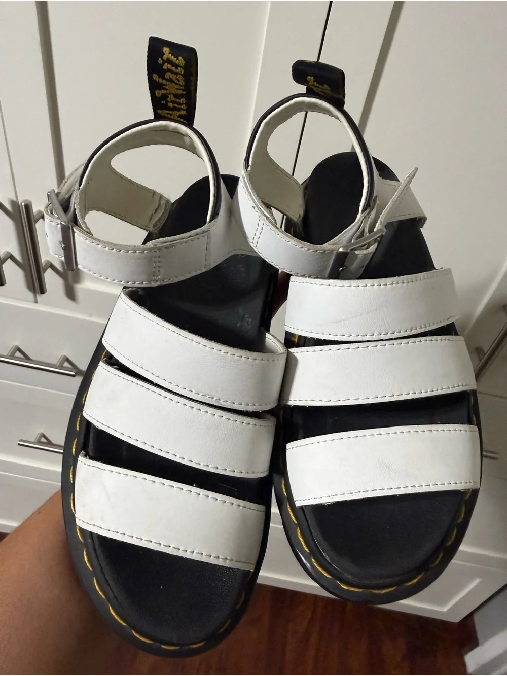 Dr. Martens White Leather Platform Gladiator Sandals with Yellow Stitching